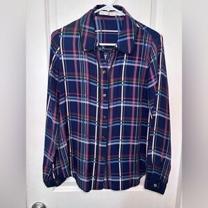 Marie Oliver Multicolor Plaid Silk Button Down Shirt with gold buttons